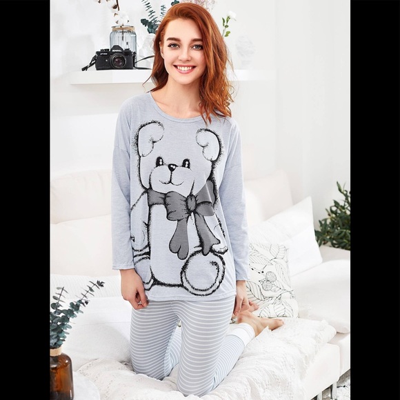 DROP SHOULDER DIP HEM TEE & LEGGINGS PJ SET - Picture 2 of 4